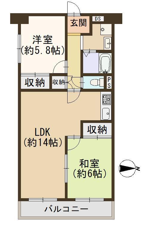 第一シャトー八戸ノ里 2LDK、価格1680万円、専有面積61.48m<sup>2</sup>、バルコニー面積7.81m<sup>2</sup> 東向きバルコニー付き南東角住戸です。LDKは隣接する和室と一体利用で約20帖の広々とした空間になります。和室は寝室以外にもお子様の遊び場や家事室など、多用途に活用でき便利です。