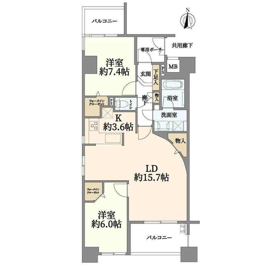 セレッソコート与力町公園アーバンズ 2LDK、価格6490万円、専有面積70.86m<sup>2</sup>、バルコニー面積9.89m<sup>2</sup> 間取り図