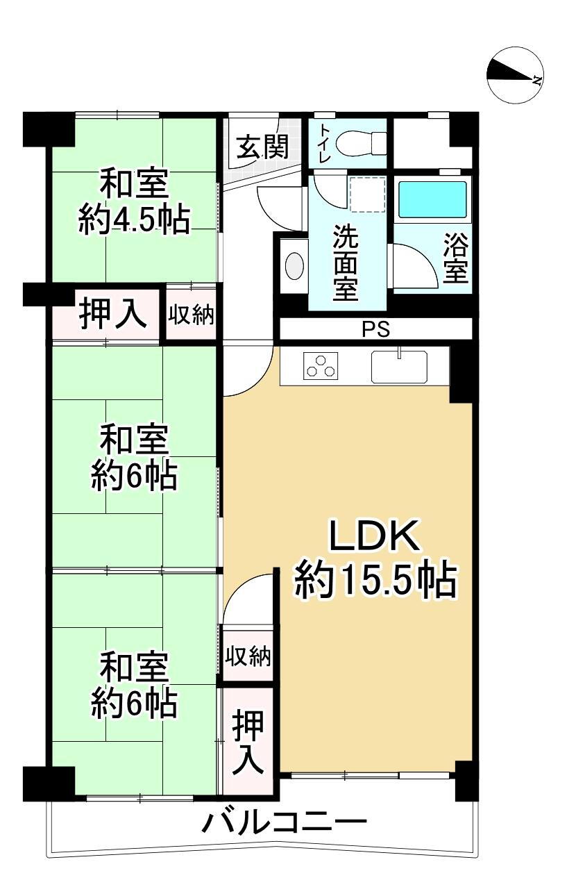 公社千里山田Ｄ住宅Ａ２棟 3LDK、価格1480万円、専有面積71.4m<sup>2</sup>、バルコニー面積6.98m<sup>2</sup> LDKは約15.5帖☆　14階建てマンションの10階部分ですので、風通し良好です♪　約6帖の和室2室は扉を開けて約12帖のお部屋として広々とご使用いただくことも◎