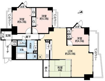 ライオンズマンション川西清和台壱番館 4LDK、価格630万円、専有面積110.35m<sup>2</sup>、バルコニー面積15.9m<sup>2</sup> ４ＬＤＫ