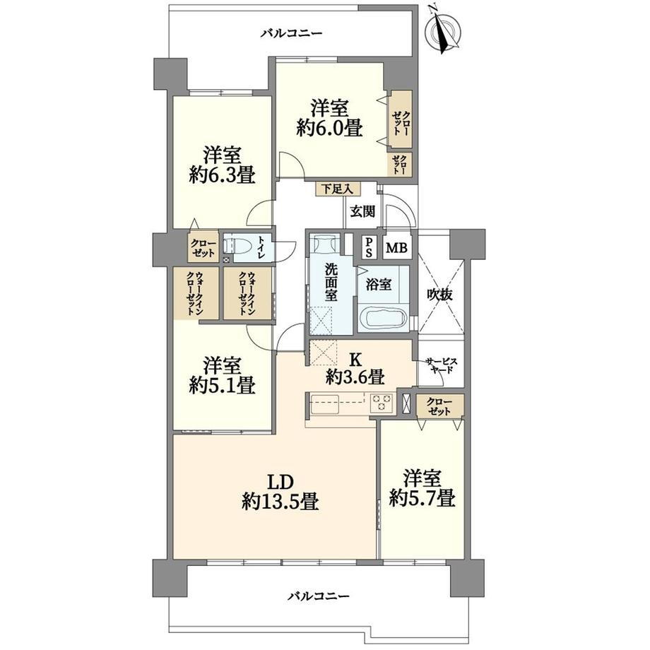 弥生が丘ＩＩ番館 4LDK、価格1999万円、専有面積91.02m<sup>2</sup>、バルコニー面積26.91m<sup>2</sup> 間取図