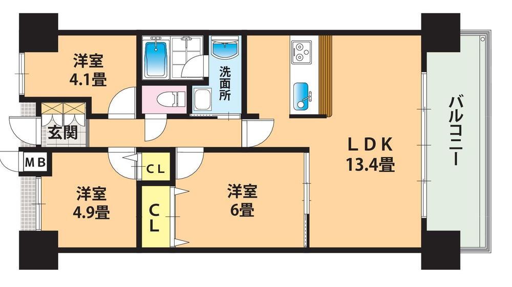 キングマンション姫島Ⅱ 3LDK、価格2490万円、専有面積60.72m<sup>2</sup>、バルコニー面積9.6m<sup>2</sup> 