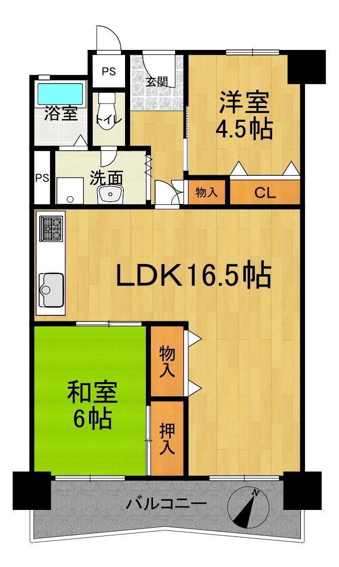 泉北若松台ＡＢ住宅１号棟 2LDK、価格1680万円、専有面積66.3m<sup>2</sup>、バルコニー面積7.47m<sup>2</sup> 