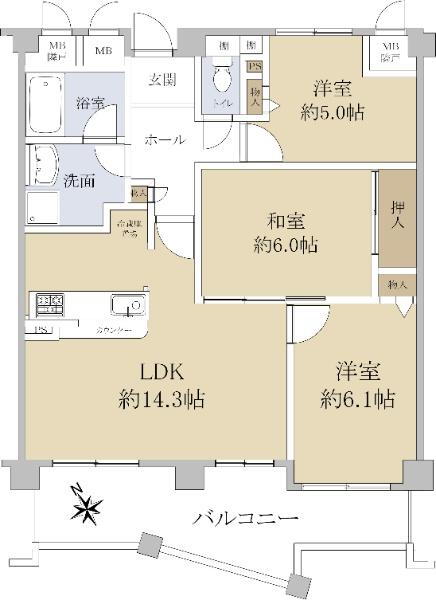 ユニライフ和泉中央　Ｃ棟 3LDK、価格2190万円、専有面積68.45m<sup>2</sup>、バルコニー面積12.57m<sup>2</sup> 