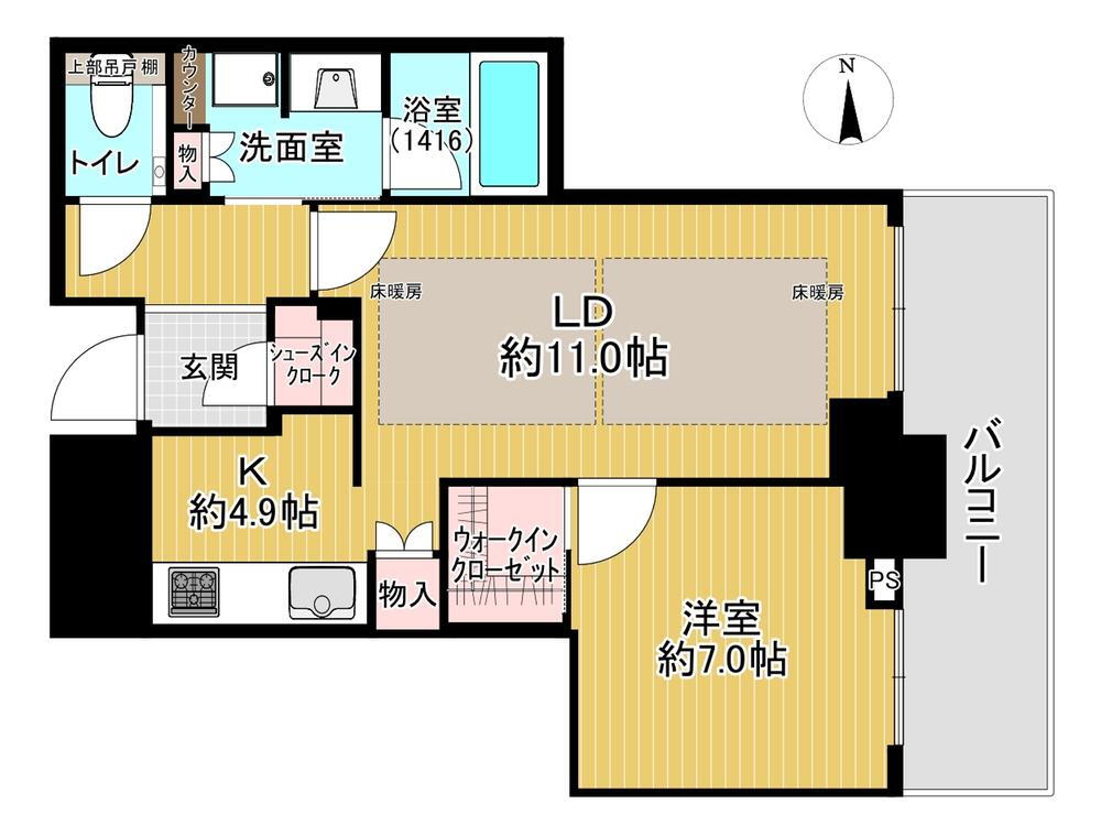 グランドメゾン新梅田タワーＴＨＥ　ＣＬＵＢ　ＲＥＳＩＤＥＮＣＥ 1LDK、価格8080万円、専有面積55.1m<sup>2</sup>、バルコニー面積10.99m<sup>2</sup> 。LDKは合わせて約15.9帖の広さ、LD部分に2面の床暖房有。洋室は約7.0帖！WICが備わっています。浴室は1416サイズです。