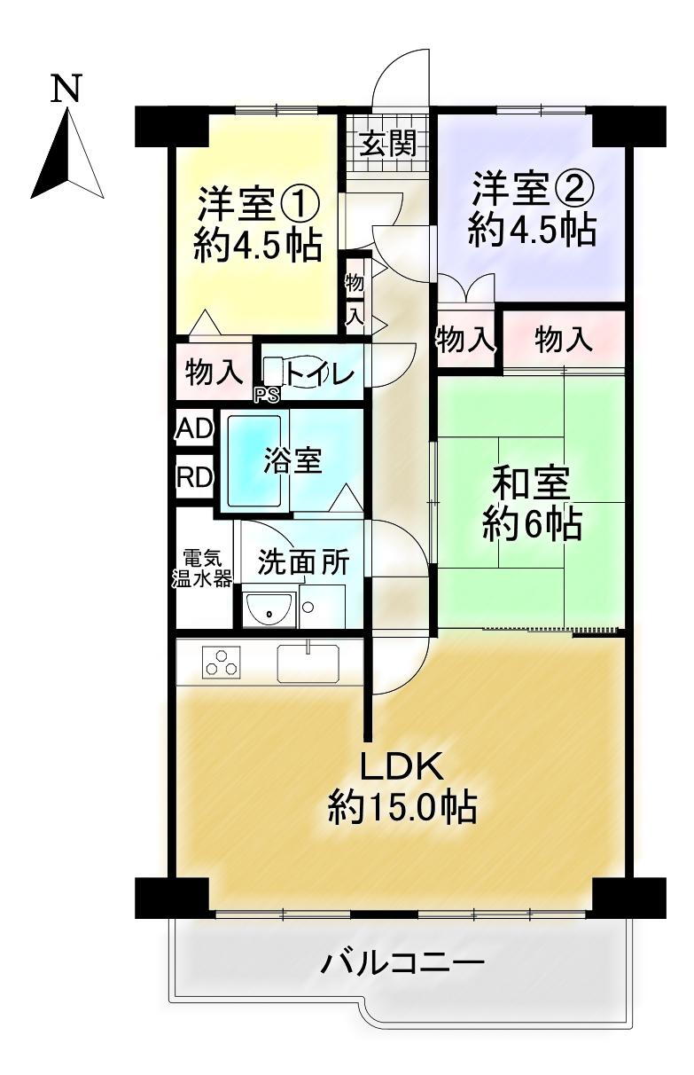 洛南ハイライフ 3LDK、価格1480万円、専有面積69.3m<sup>2</sup>、バルコニー面積8.65m<sup>2</sup> 。LDK⇔和室⇔廊下で行き来可能な、回遊性のある設計。和室1部屋＋洋室2部屋が配置されており、それぞれに収納スペースが備わっています。