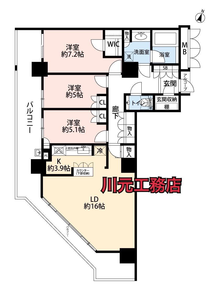 ローレルスクエア大阪ベイタワー 3LDK、価格5780万円、専有面積89.35m<sup>2</sup>、バルコニー面積25.06m<sup>2</sup> 間取り図
