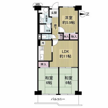 守口ハイライフＡ棟 3LDK、価格1280万円、専有面積66.8m<sup>2</sup>、バルコニー面積7.57m<sup>2</sup> 