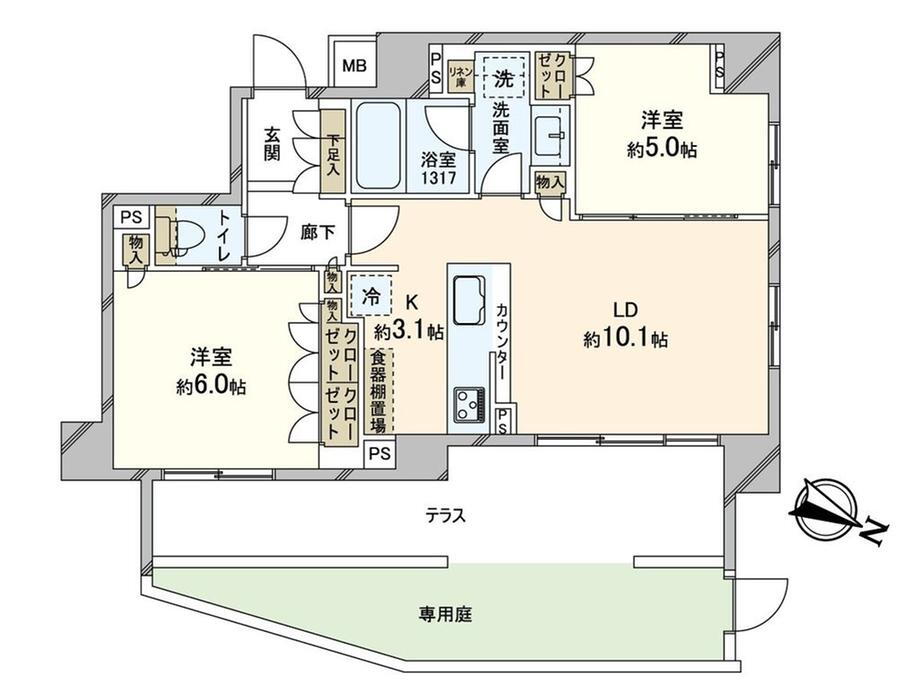 サンクレイドル深江駅前 2LDK、価格3080万円、専有面積55.61m<sup>2</sup>、バルコニー面積13.53m<sup>2</sup> 2LDK、各居室に収納を備え使いやすい間取りとなっております。