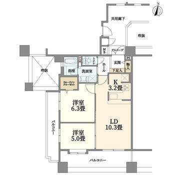 ローレルコート阿波座 2LDK、価格3980万円、専有面積54.58m<sup>2</sup>、バルコニー面積19.55m<sup>2</sup> 