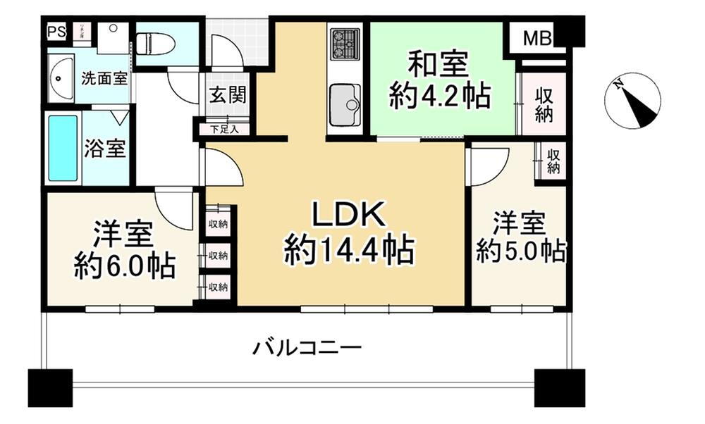 守口ミッドサイト文禄ヒルズザ・タワー 3LDK、価格3280万円、専有面積66.25m<sup>2</sup>、バルコニー面積20.28m<sup>2</sup> 