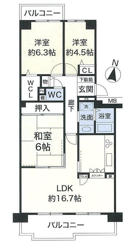 西神中央ウェステージ参番館 3LDK、価格2280万円、専有面積72.99m<sup>2</sup>、バルコニー面積11.9m<sup>2</sup> 