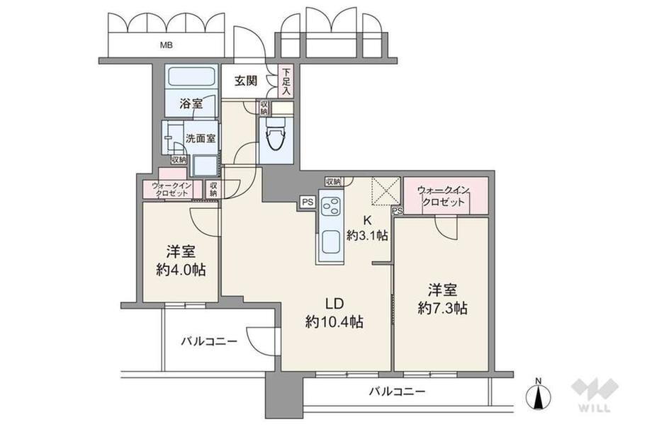 ブランズタワー大阪本町 2LDK、価格1億800万円、専有面積59.32m<sup>2</sup>、バルコニー面積5m<sup>2</sup> 間取りは専有面積59.32平米の2LDK。LDKを含む全居室がバルコニーに面した、開放的なワイドスパンのプラン。個室はどちらも洋室仕様で、各部屋にウォークインクロゼットが備え付け…
