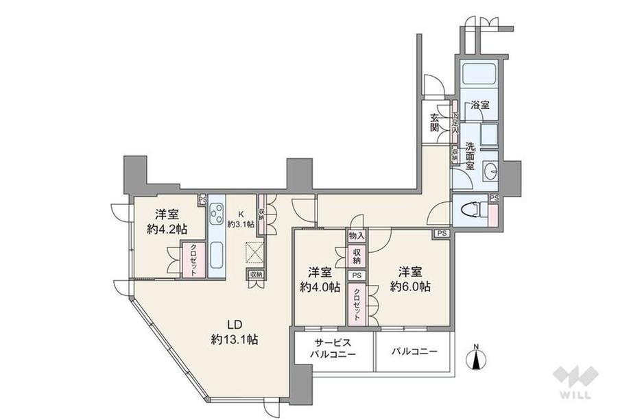 ブランズタワー大阪本町 3LDK、価格1億3800万円、専有面積72.47m<sup>2</sup>、バルコニー面積4m<sup>2</sup> 専有面積72.47平米の3LDK。窓が大きく開放的なリビングが魅力的なプラン。個室は全部屋洋室仕様で、洋室約4.2帖はLDKから出入りします。キッチンは生活感が出にくく、料理に…