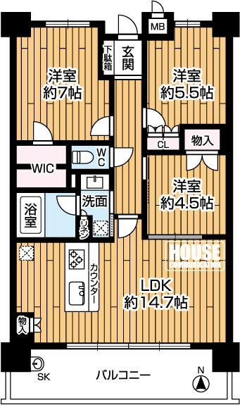 リベール新大阪 3LDK、価格4680万円、専有面積70.05m<sup>2</sup>、バルコニー面積13.2m<sup>2</sup> 