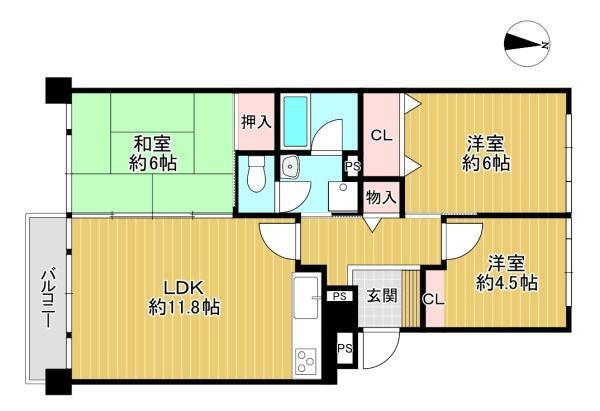 北緑丘第四住宅　１６号棟 3LDK、価格1598万円、専有面積65.31m<sup>2</sup>、バルコニー面積5.32m<sup>2</sup> 