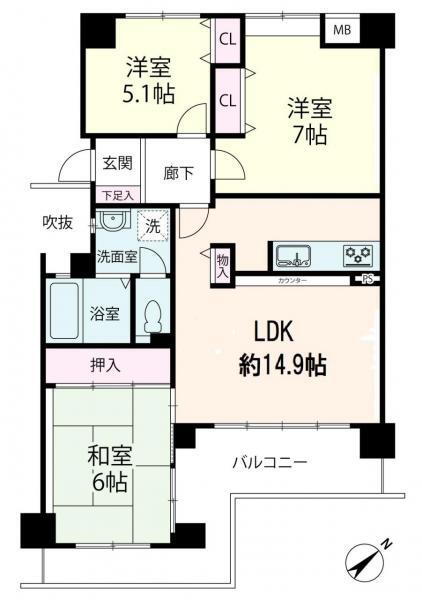ディセット渦が森 3LDK、価格2280万円、専有面積72.03m<sup>2</sup>、バルコニー面積12.31m<sup>2</sup> 全居室に収納のある3LDKのマンション間取り図