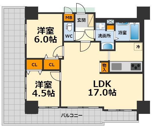 ローレル・トアスクエア 2LDK、価格4190万円、専有面積59.54m<sup>2</sup>、バルコニー面積19.62m<sup>2</sup> 3LDKに間取りを区切ることも可能です。