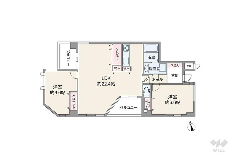 パレ・シェール苦楽園北夙川通り 2LDK、価格4980万円、専有面積75.69m<sup>2</sup>、バルコニー面積8.51m<sup>2</sup> 間取りは専有面積75.69平米の2LDK。約22.4帖の広々LDKが魅力的なプラン。LDKに収納が複数設けられているのも特徴的です。個室はどちらも6.6帖の広さがあり、1部屋…