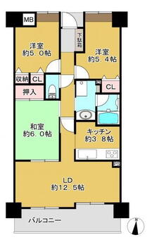 サンライトシティ石清水 3LDK、価格1630万円、専有面積69.27m<sup>2</sup>、バルコニー面積9.73m<sup>2</sup> 