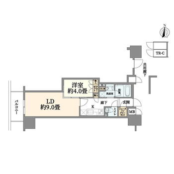 ブランズ大阪松屋町 1LDK、価格3430万円、専有面積39.65m<sup>2</sup>、バルコニー面積4.72m<sup>2</sup> 間取図です。