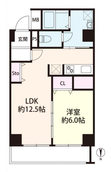 野田パークマンション 1LDK、価格1980万円、専有面積46.5m<sup>2</sup>、バルコニー面積6m<sup>2</sup> -間取り図-<BR>北向きバルコニーの1LDKの間取りです。