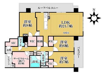 プラウド京都白川通 3LDK+S（納戸）、価格9980万円、専有面積110.87m<sup>2</sup>、バルコニー面積8.91m<sup>2</sup> 。北側にルーフバルコニー、東側にバルコニーが設けられています！LDKは約21.7帖の広さ。LD部分は床暖房付きです。各洋室にWIC、玄関にSIC有！玄関はアルコ…