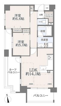 プレサンスロジェ阿倍野松虫通 2LDK、価格3480万円、専有面積60.13m<sup>2</sup>、バルコニー面積6.71m<sup>2</sup> 