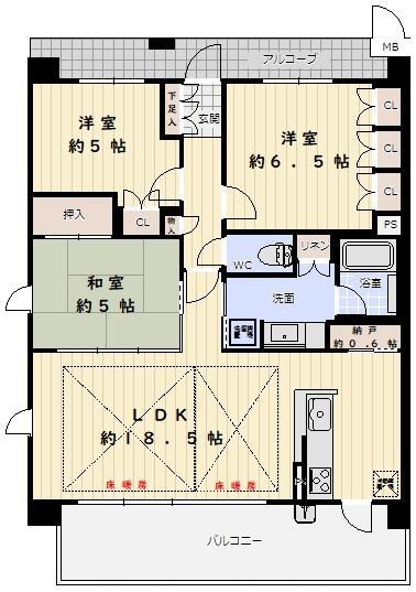 プラウドシティ神戸西神南 3LDK+S（納戸）、価格3500万円、専有面積77.19m<sup>2</sup>、バルコニー面積15.18m<sup>2</sup> 