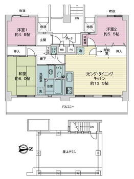 パークテラス西京極 3LDK、価格3280万円、専有面積70.82m<sup>2</sup>、バルコニー面積15.44m<sup>2</sup> 