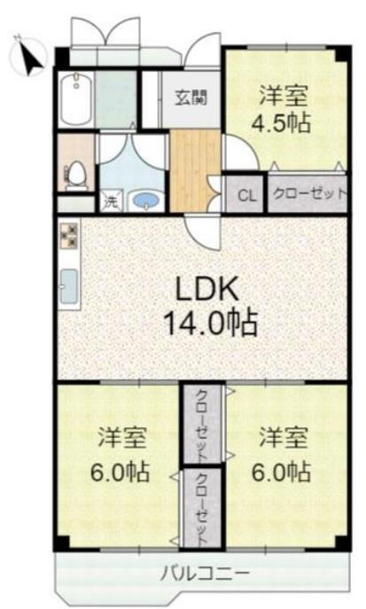 フローラ堺　１号棟 3LDK、価格1280万円、専有面積72.45m<sup>2</sup>、バルコニー面積8.65m<sup>2</sup> ・3LDKで全居室収納付き<BR>・LDKは広々の14帖<BR>・南面バルコニー