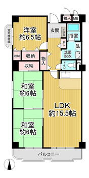男山レックスマンション 3LDK、価格1380万円、専有面積78.36m<sup>2</sup>、バルコニー面積7.35m<sup>2</sup> 