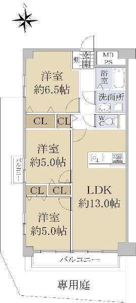 コスモハイツ尾浜 3LDK、価格1690万円、専有面積67.2m<sup>2</sup>、バルコニー面積11.42m<sup>2</sup> 