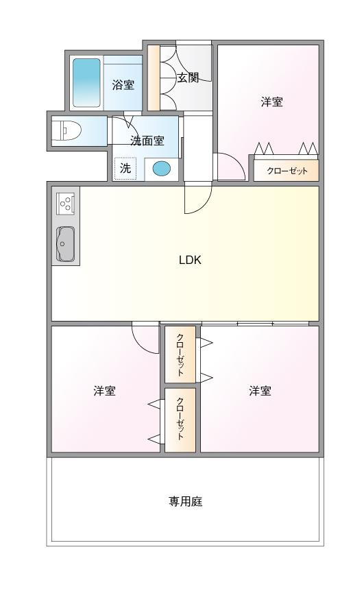 北摂マンション 3LDK、価格1880万円、専有面積75.6m<sup>2</sup> 【間取図】<BR>2部屋に面した専用庭があり陽当たり良好です。