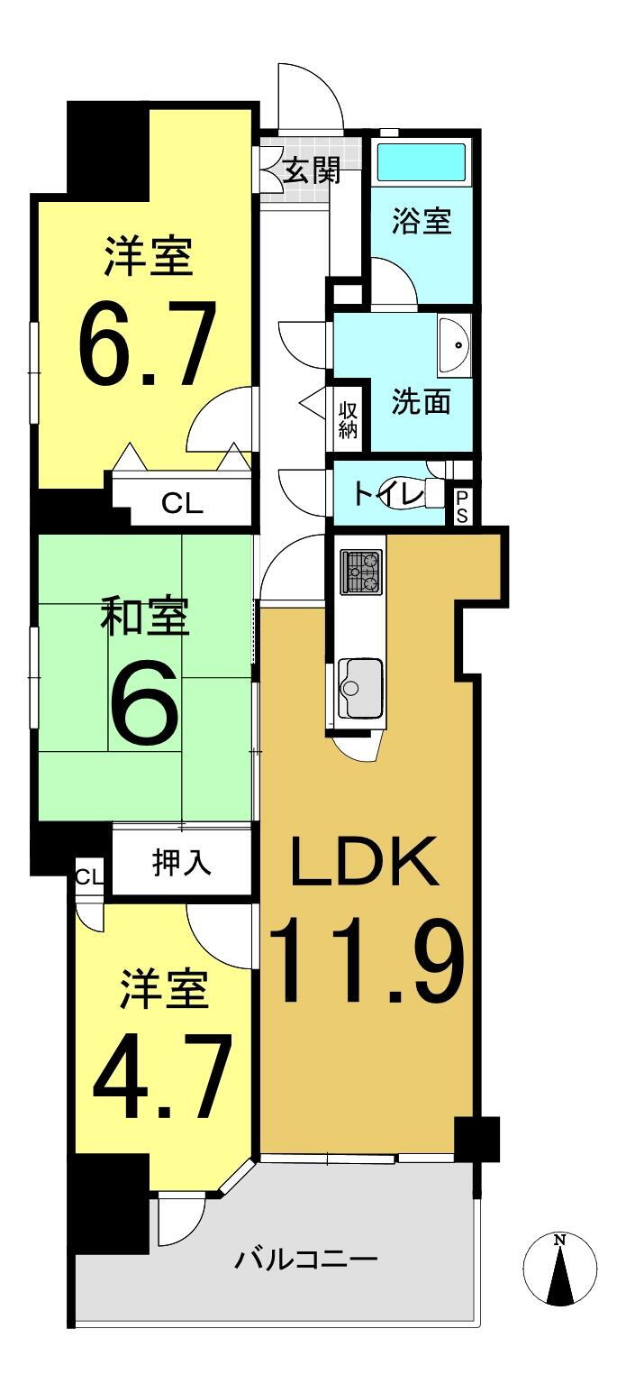 アズックヒル尼崎 3LDK、価格2380万円、専有面積64.07m<sup>2</sup>、バルコニー面積6.48m<sup>2</sup> 