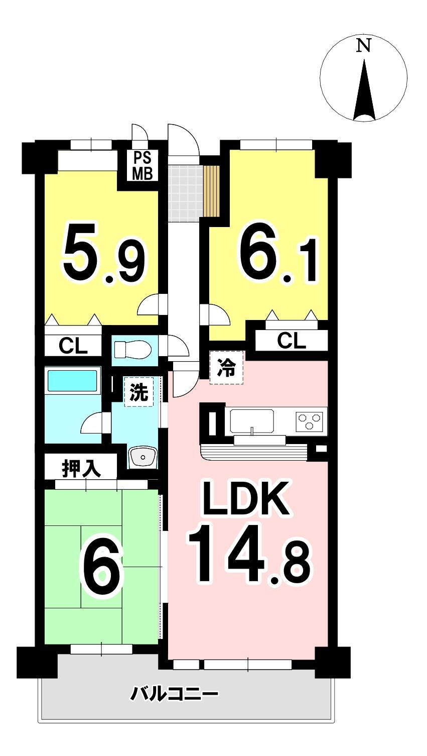 ライオンズマンション奈良帝塚山 3LDK、価格1299万円、専有面積69.59m<sup>2</sup>、バルコニー面積8.97m<sup>2</sup> 3LDKの間取り