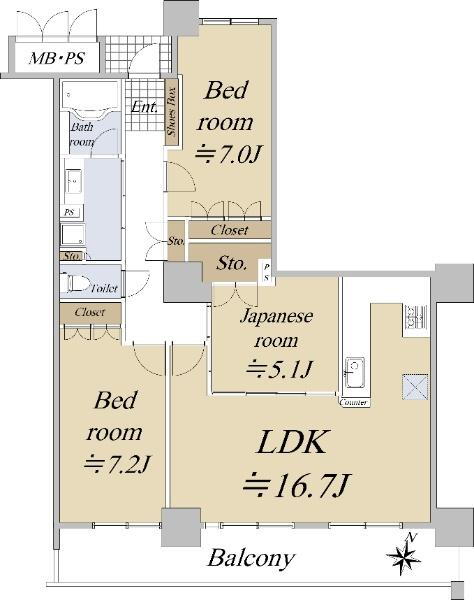 ワコーレ神戸灘タワー 3LDK、価格5780万円、専有面積82.02m<sup>2</sup>、バルコニー面積13.51m<sup>2</sup> 