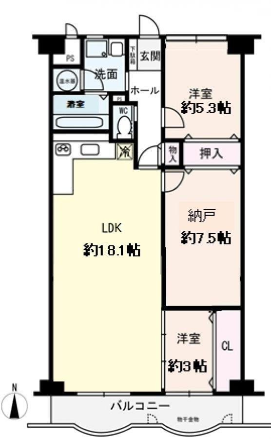 千里ロイヤルマンション 2LDK+S（納戸）、価格1850万円、専有面積72.45m<sup>2</sup>、バルコニー面積7.76m<sup>2</sup> 地下1階地上13階建て、5階部分の住まい。南向きのLDKは約18.1帖。一体利用可能な、洋室(約3.0帖)が隣接しています。納戸は約7.5帖の広さで、寝室や作業ス…