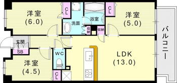 ワコーレシティ兵庫駅前通 3LDK、価格3180万円、専有面積61.03m<sup>2</sup>、バルコニー面積9m<sup>2</sup> 