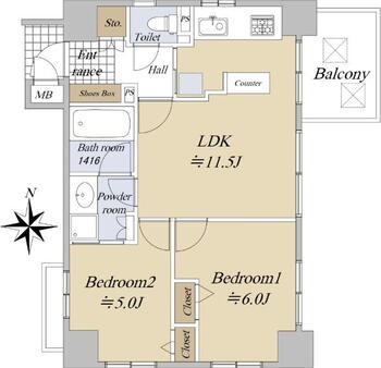 エルシア四条麩屋町 2LDK、価格5280万円、専有面積50.16m<sup>2</sup>、バルコニー面積5.6m<sup>2</sup> 