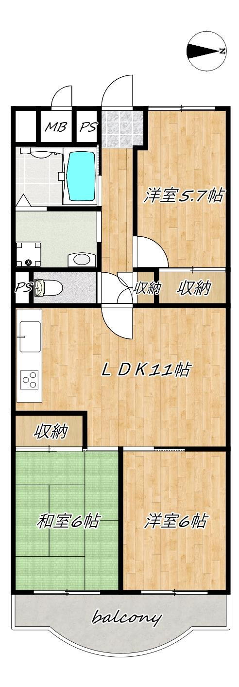 新深江サンハイツ 3LDK、価格1888万円、専有面積63.8m<sup>2</sup>、バルコニー面積6.76m<sup>2</sup> 広々したお部屋です