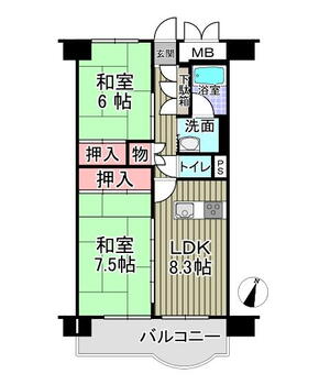 向島ニュータウン第三街区Ｂ棟 2LDK、価格1280万円、専有面積55.5m<sup>2</sup>、バルコニー面積9.4m<sup>2</sup> 