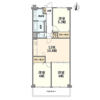 日商岩井香枦園マンション１号棟 3LDK、価格1890万円、専有面積61.6m<sup>2</sup>、バルコニー面積7.84m<sup>2</sup> 間取図3LDK