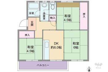 箕面如意谷住宅１６棟 3DK、価格390万円、専有面積54.02m<sup>2</sup>、バルコニー面積6.33m<sup>2</sup> 間取りは専有面積54.02平米の3DK。南向きワイドスパンのプラン。全部屋とサニタリーにも窓が設けられています。DK以外の個室は和室仕様の落ち着いた空間。個室2部屋と玄関ホールに…