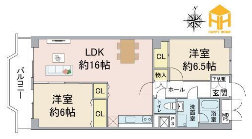 日興甲東園スカイマンション 2LDK、価格1180万円、専有面積67.2m<sup>2</sup>、バルコニー面積7.25m<sup>2</sup> ※現況と図面が異なる場合現況を優先いたします。
