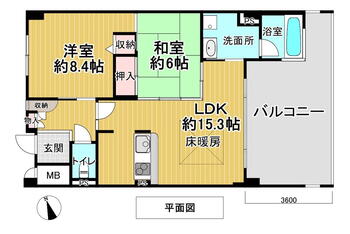 マリントピア天橋立　１０号館 2LDK、価格1450万円、専有面積68.42m<sup>2</sup>、バルコニー面積21.33m<sup>2</sup> 。全居室6帖以上！洋室と和室が1部屋ずつ配置されており、それぞれに収納スペースが備わっています。LDKより、直接洗面所へ出入り可能です。