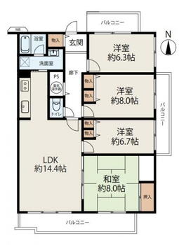 香枦園弐番館 4LDK、価格1870万円、専有面積97.75m<sup>2</sup>、バルコニー面積16.25m<sup>2</sup> 