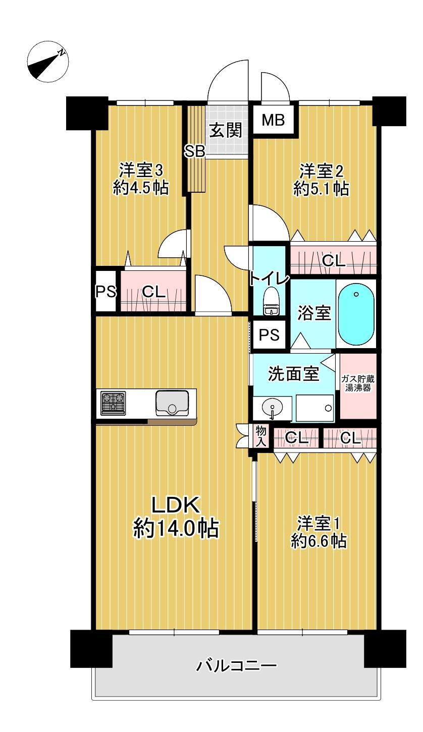 ノバカネイチ阿波座 3LDK、価格2898万円、専有面積71.19m<sup>2</sup>、バルコニー面積9.45m<sup>2</sup> 。全居室フローリング＋全居室収納スペース付き。LDKと洋室①は一体利用が可能。キッチンは対面式です。バルコニーは東側に設けられており、LDK・洋室①から出入りいただけます。