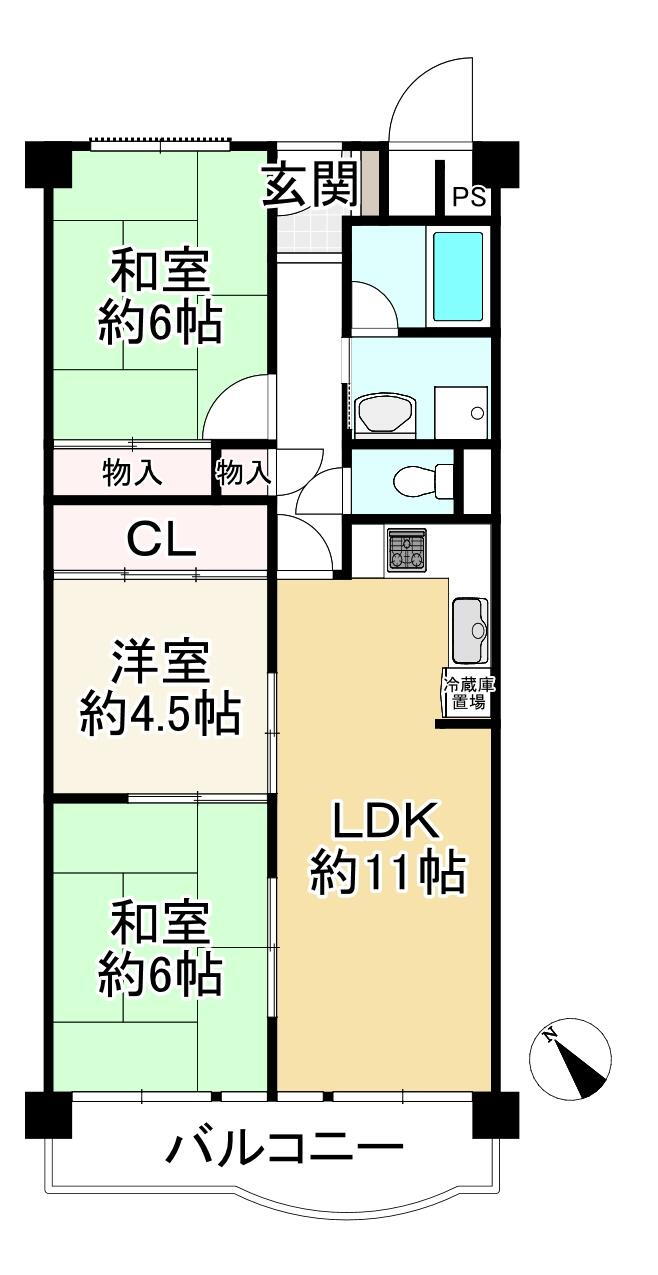 淀川パークハウス 3LDK、価格1280万円、専有面積68.37m<sup>2</sup>、バルコニー面積7.7m<sup>2</sup> 
