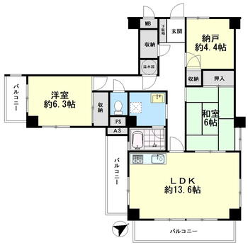 仁川グリーンハイツ 2LDK+S（納戸）、価格1980万円、専有面積78.39m<sup>2</sup>、バルコニー面積13.63m<sup>2</sup> 